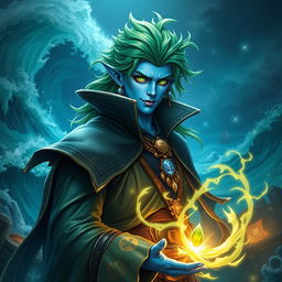 A majestic male aquatic elf pirate wizard with striking blue skin and vibrant green hair