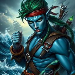 A captivating male aquatic elf pirate featured in an adventurous pose, showcasing his blue skin and striking green hair