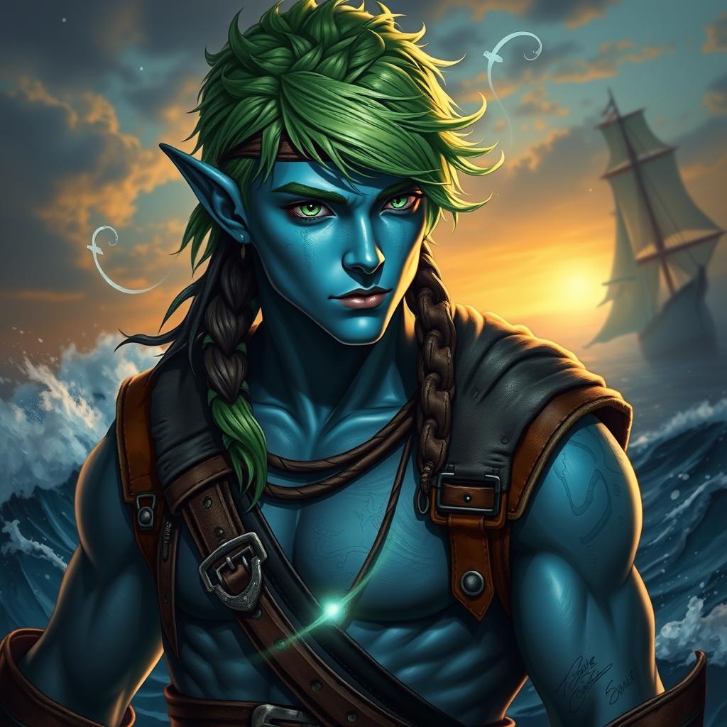 A captivating male aquatic elf pirate featured in an adventurous pose, showcasing his blue skin and striking green hair