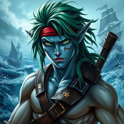 A captivating male aquatic elf pirate featured in an adventurous pose, showcasing his blue skin and striking green hair