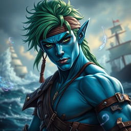 A captivating male aquatic elf pirate featured in an adventurous pose, showcasing his blue skin and striking green hair