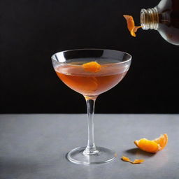 A pristine Manhattan cocktail elegantly garnished with a zesty orange peel, mid-splash, against a sophisticated backdrop.