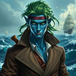 A striking male aquatic elf pirate dressed in a stylish coat made of luxurious fabric, complemented by intricate leather straps that enhance his adventurous look