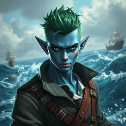 A striking male aquatic elf pirate with a unique style, featuring blue skin and short green hair that is shaved on one side, highlighting his rugged demeanor