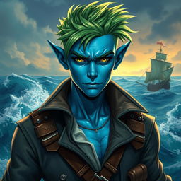 A striking male aquatic elf pirate with a unique style, featuring blue skin and short green hair that is shaved on one side, highlighting his rugged demeanor