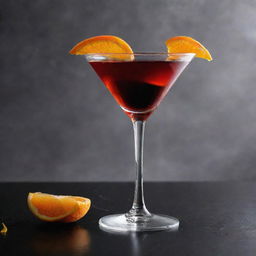 A pristine Manhattan cocktail elegantly garnished with a zesty orange peel, mid-splash, against a sophisticated backdrop.