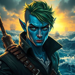 A striking male aquatic elf pirate with a unique style, featuring blue skin and short green hair that is shaved on one side, highlighting his rugged demeanor