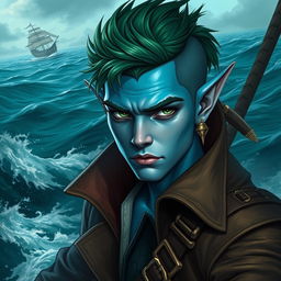 A striking male aquatic elf pirate with a unique style, featuring blue skin and short green hair that is shaved on one side, highlighting his rugged demeanor