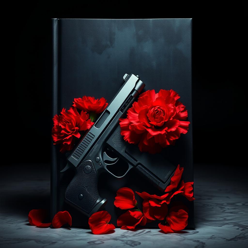 A dark and moody book cover featuring a single pistol placed among vibrant red carnation flowers, all set in a dimly lit environment that creates an atmosphere of mystery and intrigue