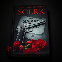 A dark and moody book cover featuring a single pistol placed among vibrant red carnation flowers, all set in a dimly lit environment that creates an atmosphere of mystery and intrigue