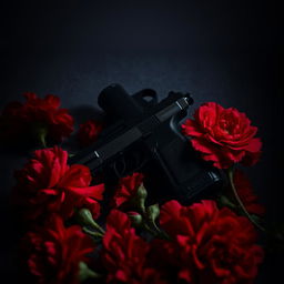 A dark and moody book cover featuring a single pistol placed among vibrant red carnation flowers, all set in a dimly lit environment that creates an atmosphere of mystery and intrigue