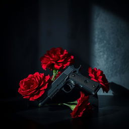 A dark and moody book cover featuring a single pistol placed among vibrant red carnation flowers, all set in a dimly lit environment that creates an atmosphere of mystery and intrigue