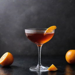 A pristine Manhattan cocktail elegantly garnished with a zesty orange peel, mid-splash, against a sophisticated backdrop.