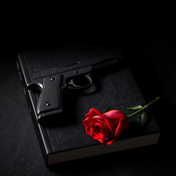 A dark and moody book cover featuring a single black pistol resting on a textured surface, beside it lies a striking red rose in full bloom, contrasting against the enveloping darkness