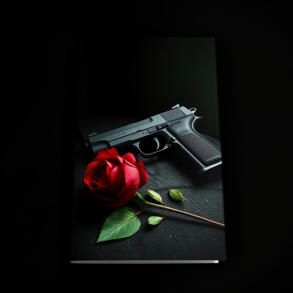 A dark and moody book cover featuring a single black pistol resting on a textured surface, beside it lies a striking red rose in full bloom, contrasting against the enveloping darkness