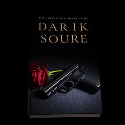 A dark and moody book cover featuring a single black pistol resting on a textured surface, beside it lies a striking red rose in full bloom, contrasting against the enveloping darkness