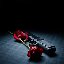 A dark and moody book cover featuring a single black pistol resting on a textured surface, beside it lies a striking red rose in full bloom, contrasting against the enveloping darkness