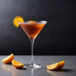 A pristine Manhattan cocktail elegantly garnished with a zesty orange peel, mid-splash, against a sophisticated backdrop.