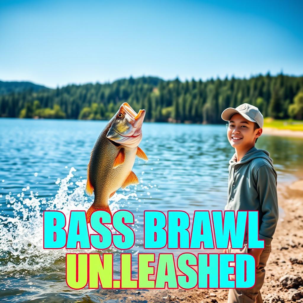 A vibrant photo capturing a young Asian fisherman with a pleasantly surprised expression as he reacts to a large perch leaping out of the water, creating a sharp splash