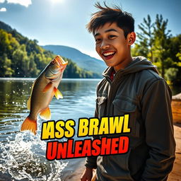 A vibrant photo capturing a young Asian fisherman with a pleasantly surprised expression as he reacts to a large perch leaping out of the water, creating a sharp splash