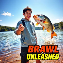 A vibrant photo capturing a young Asian fisherman with a pleasantly surprised expression as he reacts to a large perch leaping out of the water, creating a sharp splash