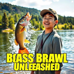 A vibrant photo capturing a young Asian fisherman with a pleasantly surprised expression as he reacts to a large perch leaping out of the water, creating a sharp splash