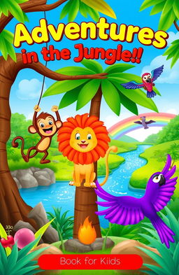 A vibrant children's book cover for kids aged 5, featuring an adventurous jungle scene with colorful animals like a playful monkey swinging from a tree, a friendly lion lounging under the shade of a large palm, and a purple parrot flying through the bright blue sky