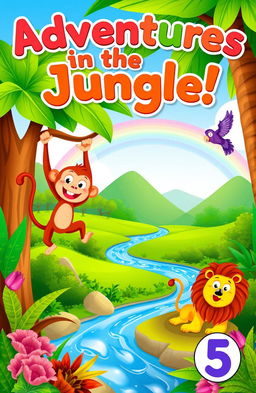 A vibrant children's book cover for kids aged 5, featuring an adventurous jungle scene with colorful animals like a playful monkey swinging from a tree, a friendly lion lounging under the shade of a large palm, and a purple parrot flying through the bright blue sky