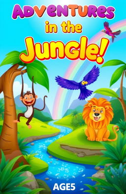 A vibrant children's book cover for kids aged 5, featuring an adventurous jungle scene with colorful animals like a playful monkey swinging from a tree, a friendly lion lounging under the shade of a large palm, and a purple parrot flying through the bright blue sky