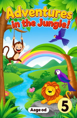 A vibrant children's book cover for kids aged 5, featuring an adventurous jungle scene with colorful animals like a playful monkey swinging from a tree, a friendly lion lounging under the shade of a large palm, and a purple parrot flying through the bright blue sky