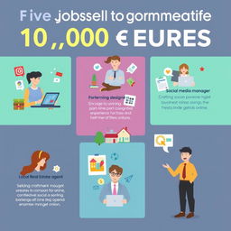 Five job opportunities that can help generate 10,000 euros, displayed in an engaging infographic style