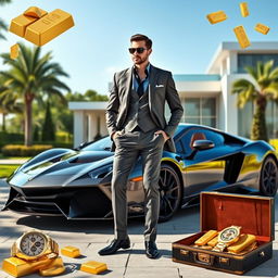 A luxurious scene depicting a successful millionaire lifestyle