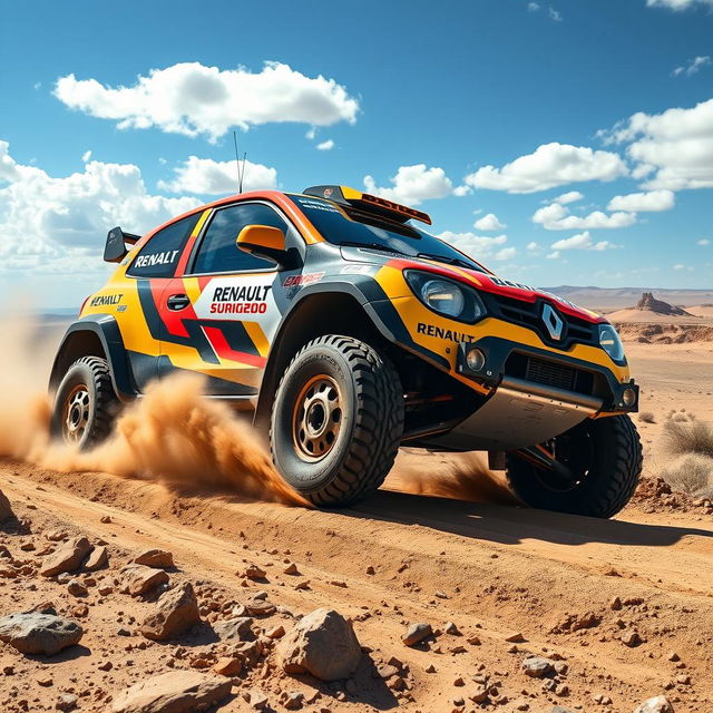 A dynamic and energetic scene of a Renault Twingo rally raid vehicle racing through a rugged off-road terrain