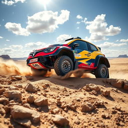 A dynamic and energetic scene of a Renault Twingo rally raid vehicle racing through a rugged off-road terrain