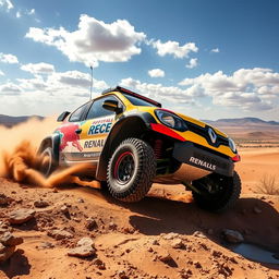 A dynamic and energetic scene of a Renault Twingo rally raid vehicle racing through a rugged off-road terrain