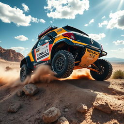 A dynamic and energetic scene of a Renault Twingo rally raid vehicle racing through a rugged off-road terrain