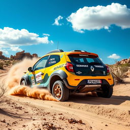 A vibrant and dynamic scene showcasing a Renault Twingo 1, modified for rally raid, racing through a rugged desert terrain