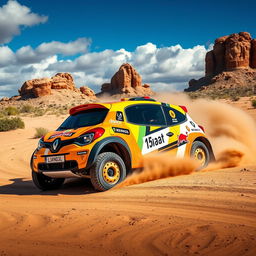 A vibrant and dynamic scene showcasing a Renault Twingo 1, modified for rally raid, racing through a rugged desert terrain