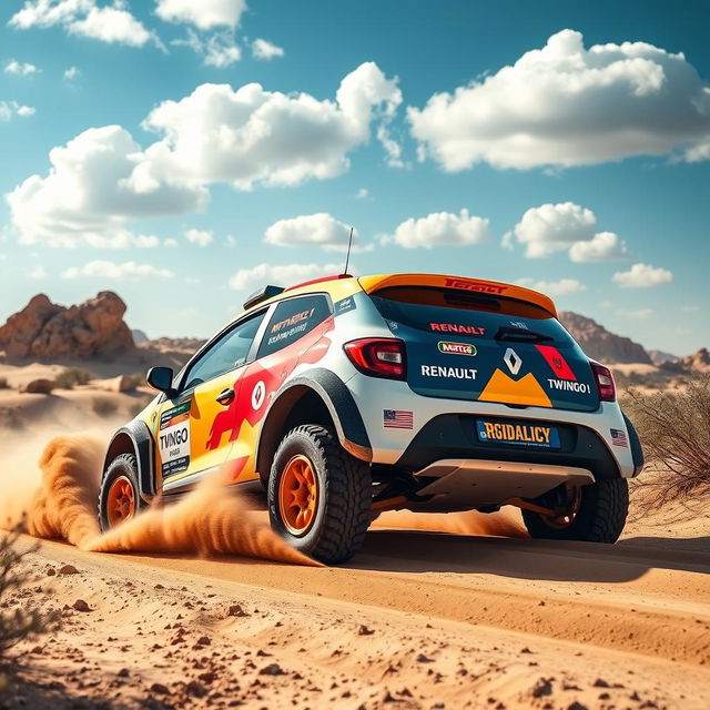 A vibrant and dynamic scene showcasing a Renault Twingo 1, modified for rally raid, racing through a rugged desert terrain