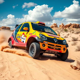 A vibrant and dynamic scene showcasing a Renault Twingo 1, modified for rally raid, racing through a rugged desert terrain