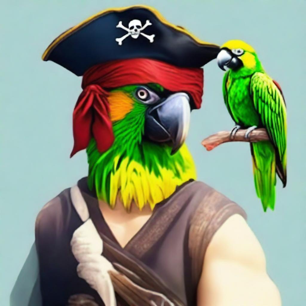 A realistic portrait of the user dressed in traditional pirate attire, complete with a pirate hat, an eye patch, and a parrot resting on their shoulder