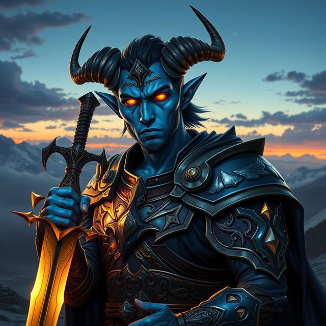 An enigmatic male Tiefling Paladin with striking blue skin, clad in intricately detailed armor that reflects his noble heart and warrior spirit