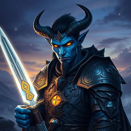 An enigmatic male Tiefling Paladin with striking blue skin, clad in intricately detailed armor that reflects his noble heart and warrior spirit