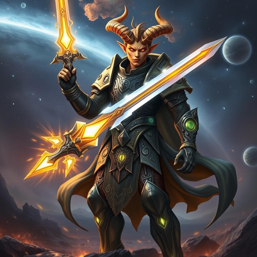 A Tiefling Paladin inspired by the Arbiter from Halo, featuring distinct features such as golden skin, glowing eyes, and sharp, pointed horns