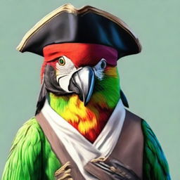 A realistic portrait of the user dressed in traditional pirate attire, complete with a pirate hat, an eye patch, and a parrot resting on their shoulder