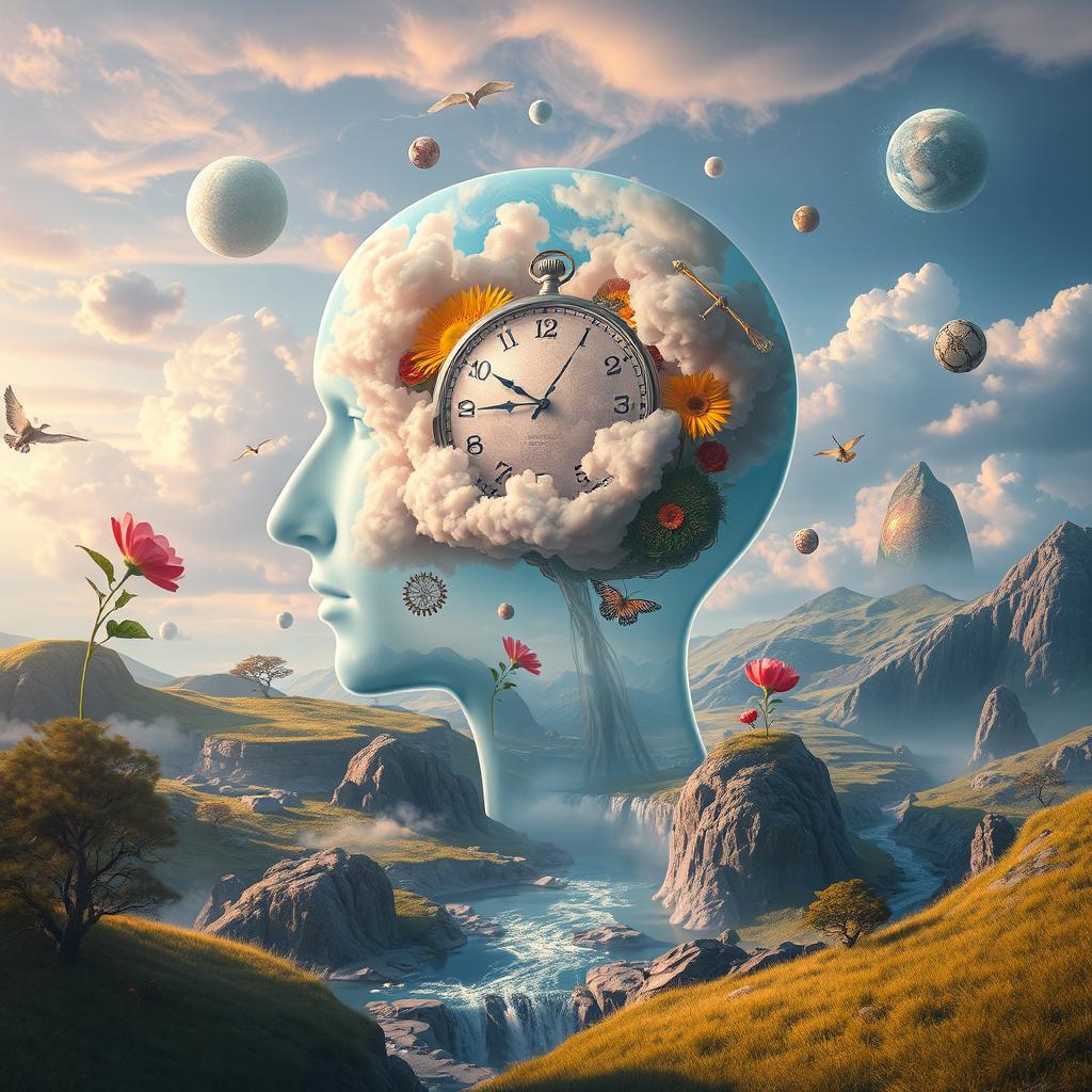 An imaginative and surreal landscape capturing the essence of thinking 'at every moment'