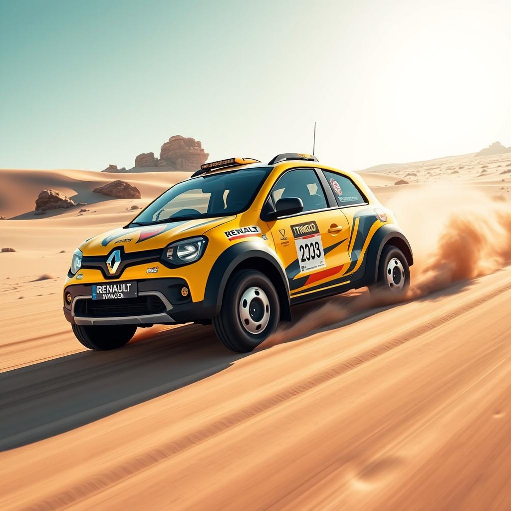 A lively and exhilarating scene featuring a Renault Twingo 1, customized for the Dakar rally, speeding across an expansive and challenging terrain