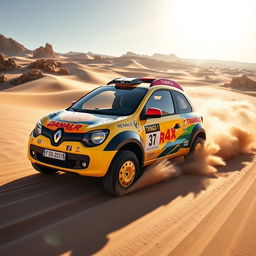 A lively and exhilarating scene featuring a Renault Twingo 1, customized for the Dakar rally, speeding across an expansive and challenging terrain