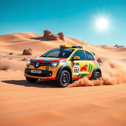 A lively and exhilarating scene featuring a Renault Twingo 1, customized for the Dakar rally, speeding across an expansive and challenging terrain