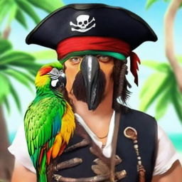 A realistic portrait of the user dressed in traditional pirate attire, complete with a pirate hat, an eye patch, and a parrot resting on their shoulder